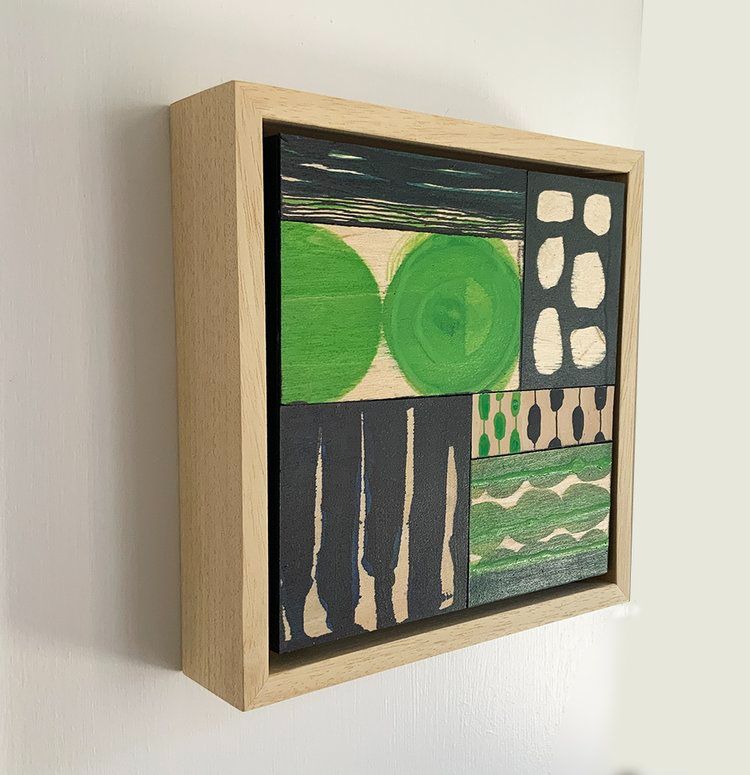 Small abstract acrylic painting, mainly green and black.