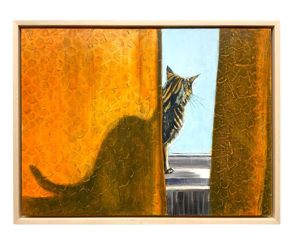Painting of cat looking out of window, half-obscured by an orange curtain.