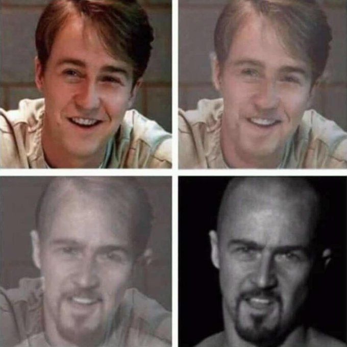 A normal nice looking Edward Norton turning into his Nazi skinhead character from American History X
