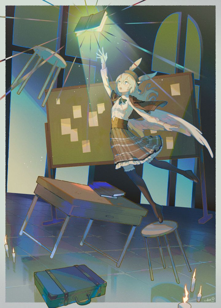 A fullbody digital illustration of character Aviule, who belongs to nanosai on ArtFight. She has large angel wings, bunny ears, and is wearing a plaid skirt. Aviule is in a large room with two windows behind her. She is reaching upwards towards a book that is emanating glowing light. She is surrounded by a schooldesk, various candles, a suitcase, and a pinboard.