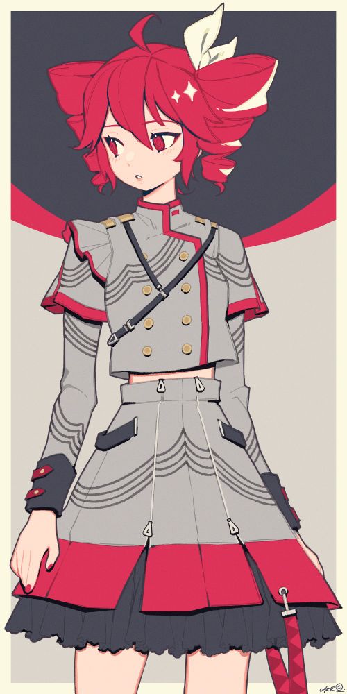 A halfbody illustration of Kasane Teto. She is looking away from the camera with a calm expression. She is depicted in her 2023 Synthesizer V Studio outfit. There is an abstract black, magenta/red, and white background behind her. 