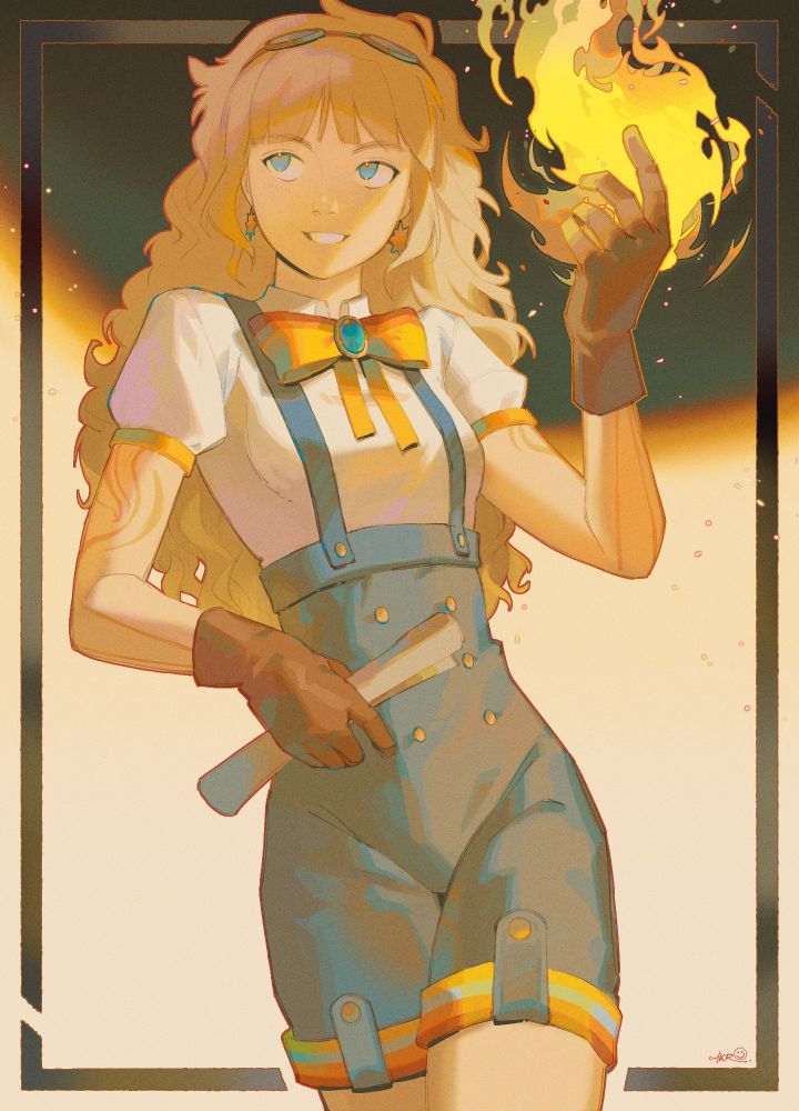 A halfbody illustration of Ari Sorin Highfire. She is holding flame-shaped light powers in one hand, and a paper manuscript in the other. On her head are a pair of goggles. She is wearing overalls, a large ribbon, brown gloves, a white top, and geometric earrings. She is looking away from the camera, upwards, with a confident expression.