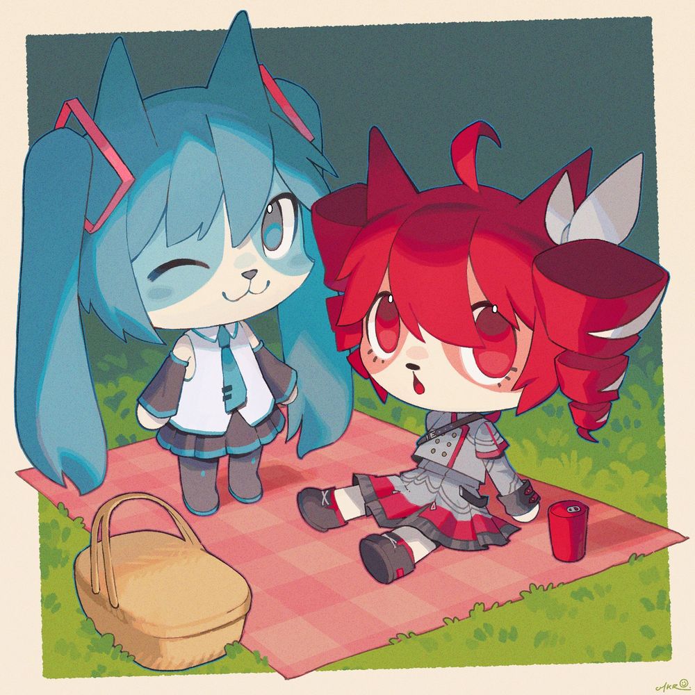 A digital illustration of Hatsune Miku (left) and Kasane Teto (right), drawn as Webfishing cat characters. Miku is winking and smiling, Teto has a surprised expression. Underneath them is a pink picnic blanket. Surrounding them is a soda can and a picnic basket. The background is a field of grass. The image has an off-white border.