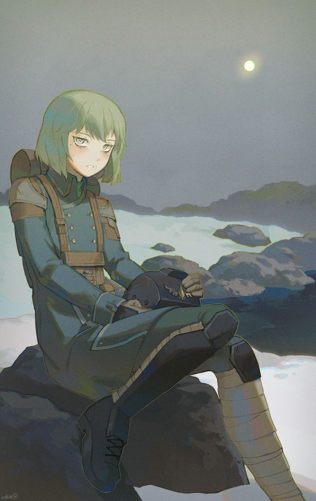 A fullbody illustration of 779-23 Kriegsman. She is holding her helmet in her lap, and looking at the camera. She has green hair, a military outfit with bandaged legs, dark eye circles, and is wearing a large backpack. The background is a rocky winter field. The moon is up in the sky.