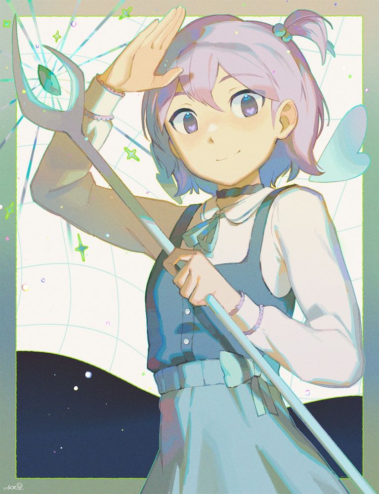 A halfbody illustration of Bonnie. They are holding an asymmetrical witch wand that has a floating green crystal. They have one hand above their face and are looking at the viewer with a pleasantly surprised, happy expression. She is wearing a blue top over a white, long-sleeved collared shirt, and a mint ribbon tie. They have a mint green skirt with a bow as well. She has small iridescent pale wings floating behind her. The background is an abstract white, mint, and dark blue pattern with a neon mint wavy square grid. 