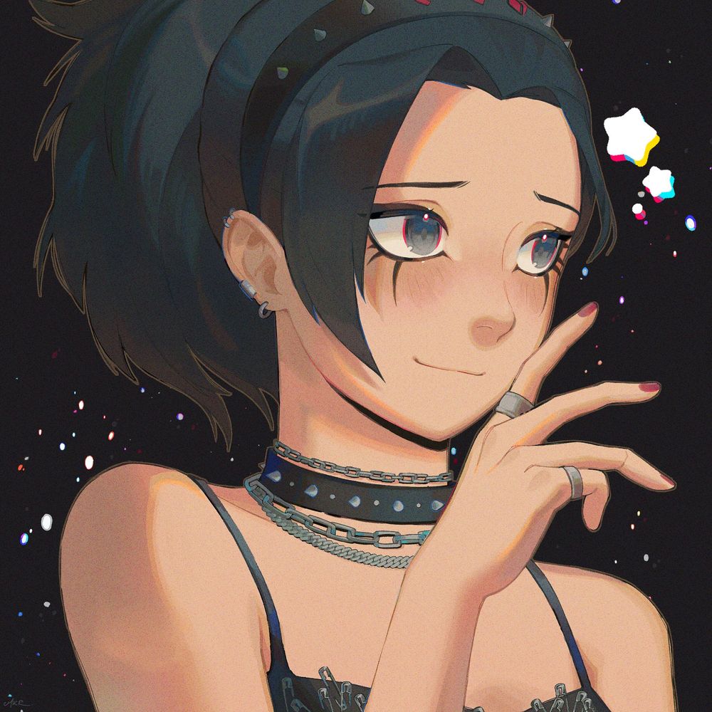 A headshot illustration of Momo Yaoyorozu in an all-black punk outfit. Her hair is tied up and she is wearing a spiky headband with broken heart  symbols. She is wearing various chain necklaces, two silver rings, and a spiked choker. Her black top has many silver safety pins. She is looking away from the viewer, with a blushing smirking expression. Two white stars float next to her head.