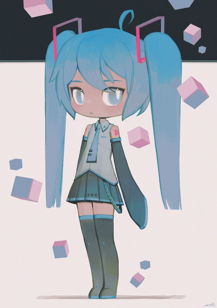 A digital fullbody chibi illustration of Hatsune Miku. She is standing in front of an abstract black and white background. Pink and blue cubes are floating around her. She has a slightly tense expression.