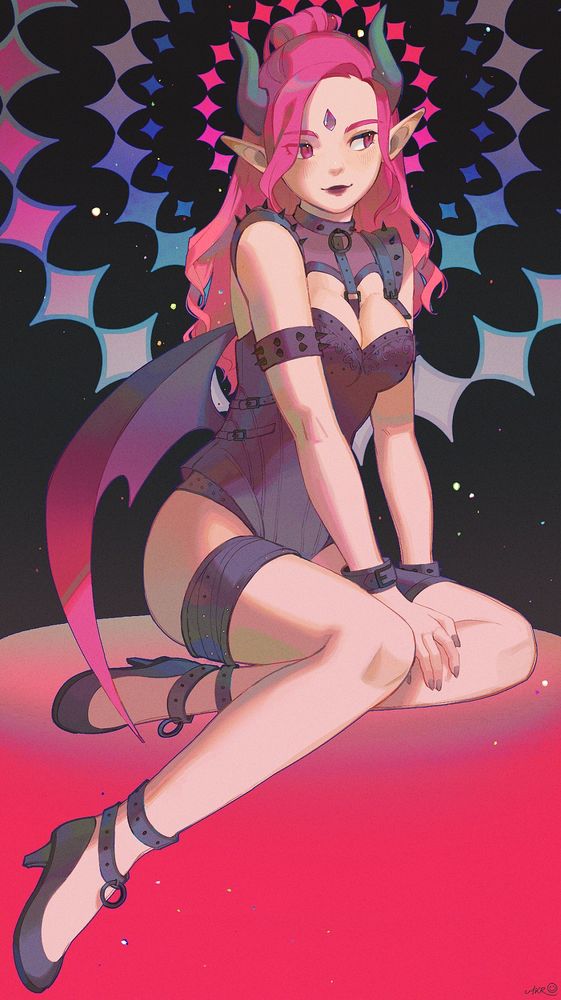 A fullbody illustration of Raverie. She is sitting in a cross-legged position, placing one hand on one leg. She has magenta hair, high heels, demon wings, and various spiked accessories. Raverie is looking away from the viewer, with a closed-mouth smirk. Four circular diamond-shaped halos, in various colors, are behind her. The abstract background has off-black and pink coloring, with rainbow particles.