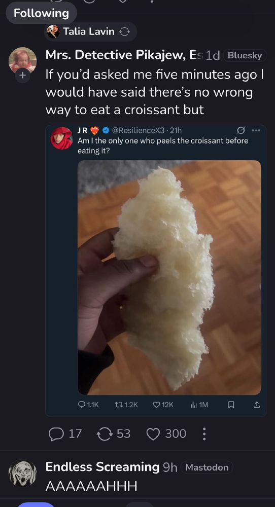 Talia Lavin reposting an image with comment: “If you’d asked me five minutes ago I would have said there’s no wrong way to eat a croissant but” the image is of a horrible larval looking wodge of something bready with caption “ am I the only one who peels a croissant before eating it” the whole post immediately followed by the Endless Scream account going Aaaaaaaaa