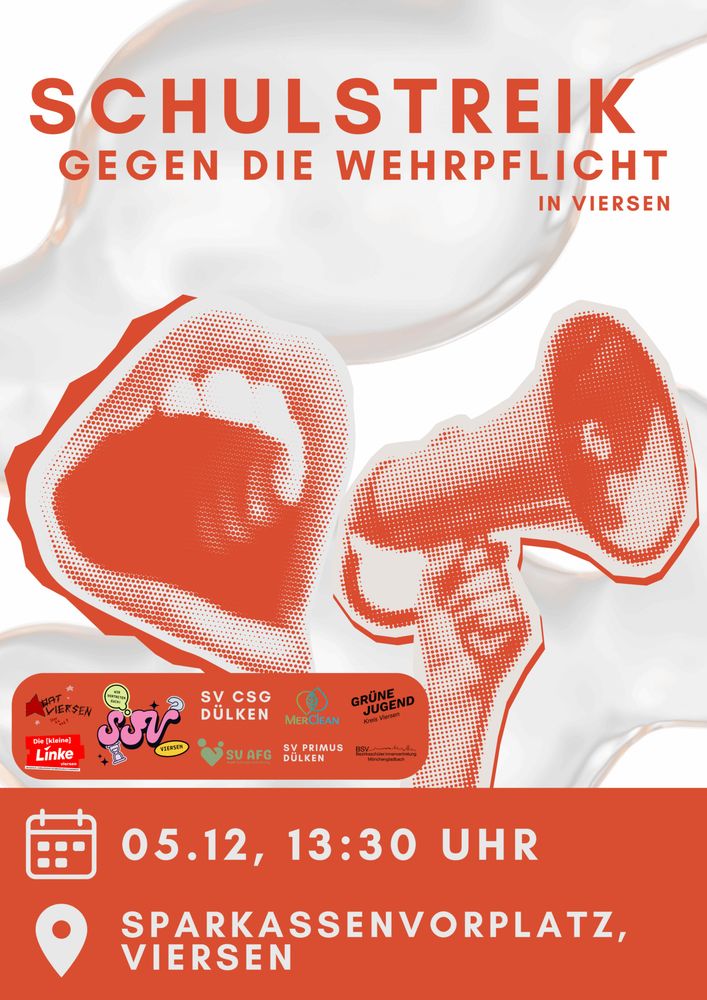 Aufruf zum Schulstreik gegen die Wehrpflicht
Viersen 5.12, 13:30 Uhr Sparkassenvorplatz