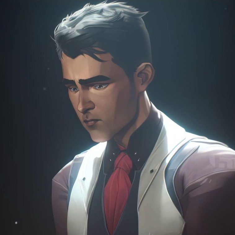 A screenshot of Jayce Talis from the chest up from season 1 episode 2 of Arcane. He is in his academy uniform: a maroon long sleeve shirt over a black shirt with a collar. Over the shirt is a black waistcoat and smaller white vest. He also has a bright red ascot tied around his neck, under the black collar. His hair is messy and ruffled, as though he’s been running his hands through it.

A bright white light is shining directly down on him, but the rest of the room is in darkness. 

He is look down and his expression is contrite and forlorn.