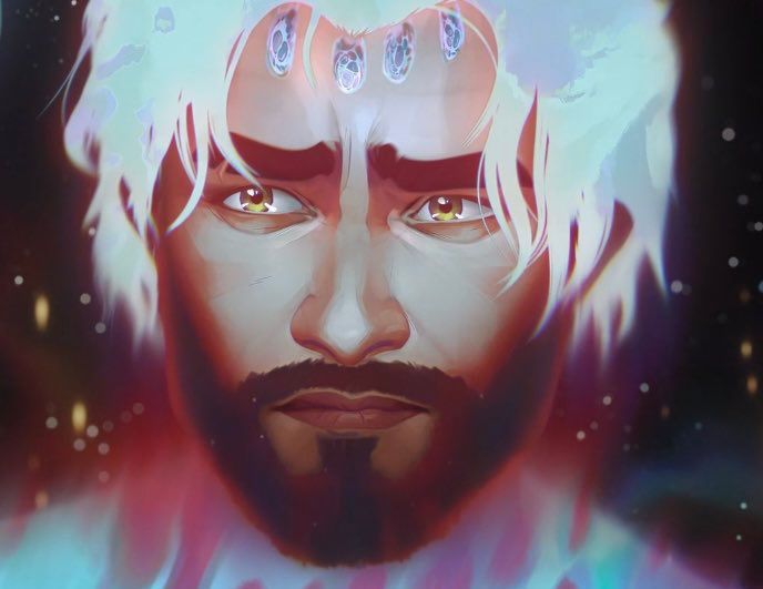 A screenshot of Jayce Talis from Arcane, season 1 episode 9, in the arcane/astral. His hair and body are semi-transparent and a mix of colors, with his hair being mostly white. He is looking off screen at Viktor with tear shine in his eyes and a sad but loving expression on his face.