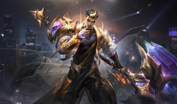 An official art work of Jayce Giopara in his Prestige T1 skin. He is young, his hair is black with a thick gold stripe, and he is holding his thumb to his lower lip, as though wiping it.

His outfit is all black with a tight  shirt and loose pants. There is a gold lightning bolt diagonal across the front of the shirt. He is wearing a white jacket with gold accents and a pauldron on his right shoulder. The pauldron has a bright purple diamond shaped gem in the center.

His hammer is bright purple and gold, and has curved, pointed ends, rather than square like his traditional hammers.