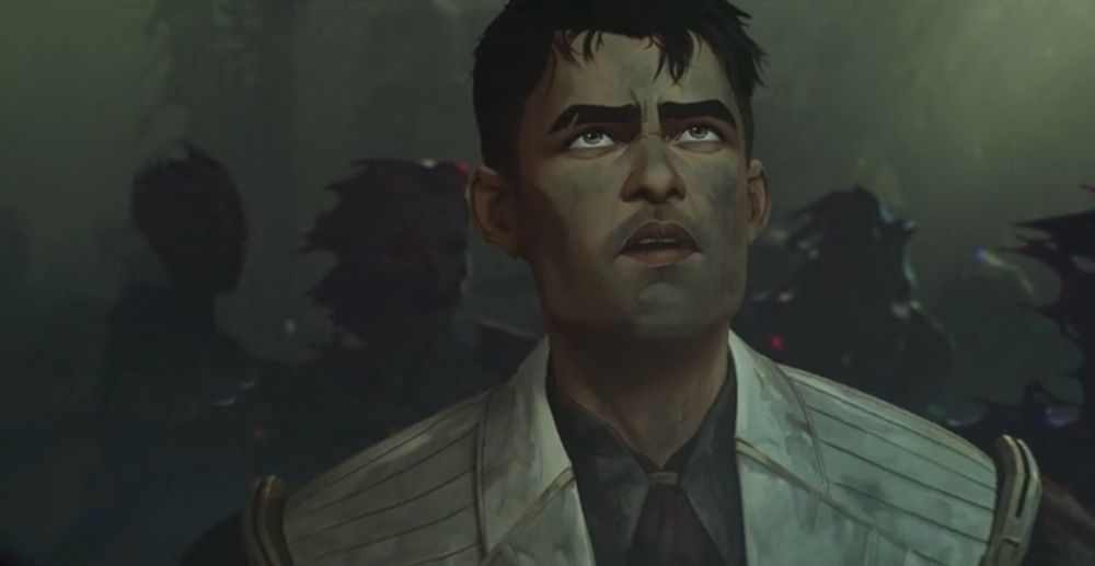 A screenshot of Jayce Talis from chest up from season 2 episode 7 of Arcane.

Jayce is in post-apocalyptic Piltover, walking through a mass crowd of automatons. He is wearing his Councilor outfit, his hair is disheveled, and his entire person is covered is dirt and grime. He is looking upwards at something off screen.