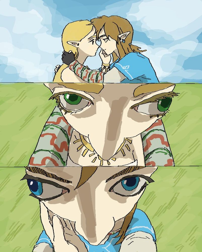 Three-panel comic showing Link and Zelda from Breath of the Wild pressing foreheads together, looking longingly into one another's eyes in the first panel; panels two and three are their extreme close-up perspectives of their views of one another, heavily distorted and ridiculous