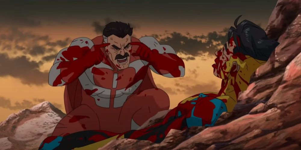 The notable ending scene in Invincible Season 1 where Omniman tries to convince Invincible that his beliefs are flawed. He is pointing to his own head with both hands, indicating to Invincible that he should "Think", while invincible is bloodied and beaten to an inch of his life.