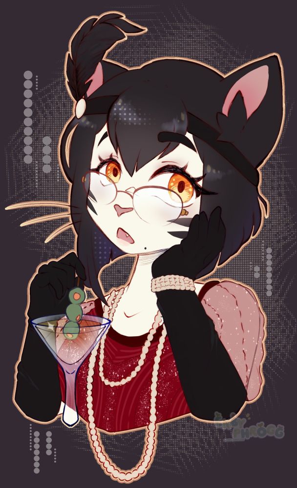 Drawing of a lackadaisy inspired oc, Evelyn,  a white anthro female cat with glasses. Wearing a red dress while holding a cocktail, pearls are  hanging around his neck and wrists . She is wearing a head band with a feather in a flapper styled outfit.  She is wearing long black gloves.  

Evelyn is looking at the viewer in a curious way as if you interrupted her mid drink 
