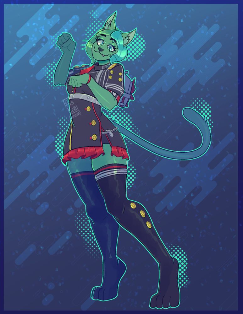 A drawing of Alice tavia,  wearing erwins combat medic uniform from wild assault,  she is doing a cat like pose similar to erwins lobby animation and has her hairstyled to erwins hairstyle including the two toned hair , one being light blue and other being green 