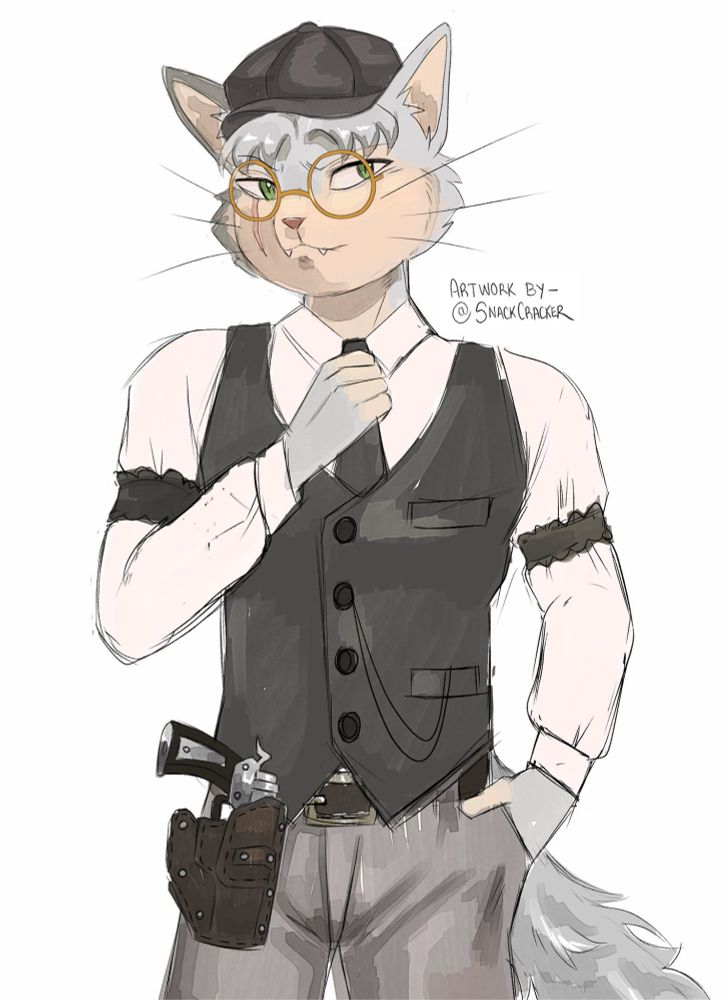 a digital drawing of a gray and beige cat wearing a vest and tie with arm bands on each arms and suit pants, he has a holster on his right hip and he is wearing golden rimmed glasses and has a scar on his right eye, he has green eyes and he is wearing a  cap on his head, he is fixing his tie with a small smile. 