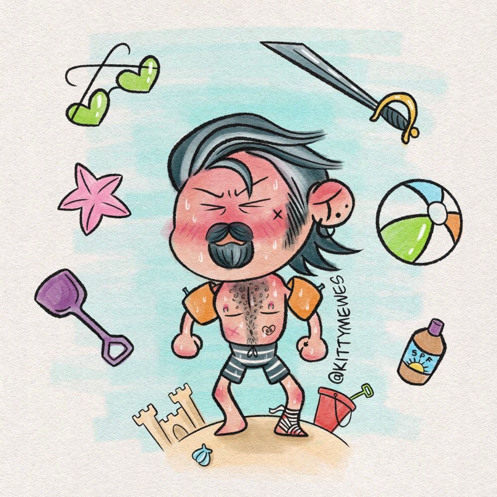 A digital drawing highly stylized to look like a slightly messy traditional alcohol marker drawing of a little sort of chibi style Izzy from Our Flag Means Death. Izzy is standing on a mound of sand with a little sand castle and bucket wearing only orange arm floaties, striped swim trunks, and a bandage on his foot. His fists are clenched, he's dripping, sunburnt/ blushing, and has a squinty angry expression. He has TINY nipple piercings, chest hair, a scar, and a "BB" heart tattoo visible without his shirt. The background is filled with other little colourful doodles of heart shaped sunglasses, a starfish, a plastic shovel, Izzy's sword (can't go to the beach without it), a beach ball, and sunscreen.