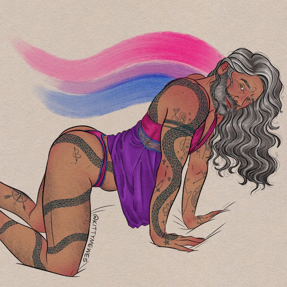 A digital drawing of Ed posed on all fours staring right at the viewer with his long hair cascading over his shoulder. He's wearing a baby doll set in the bi flag colours. Swooping from behind him is the flag itself done in "paint" strokes.