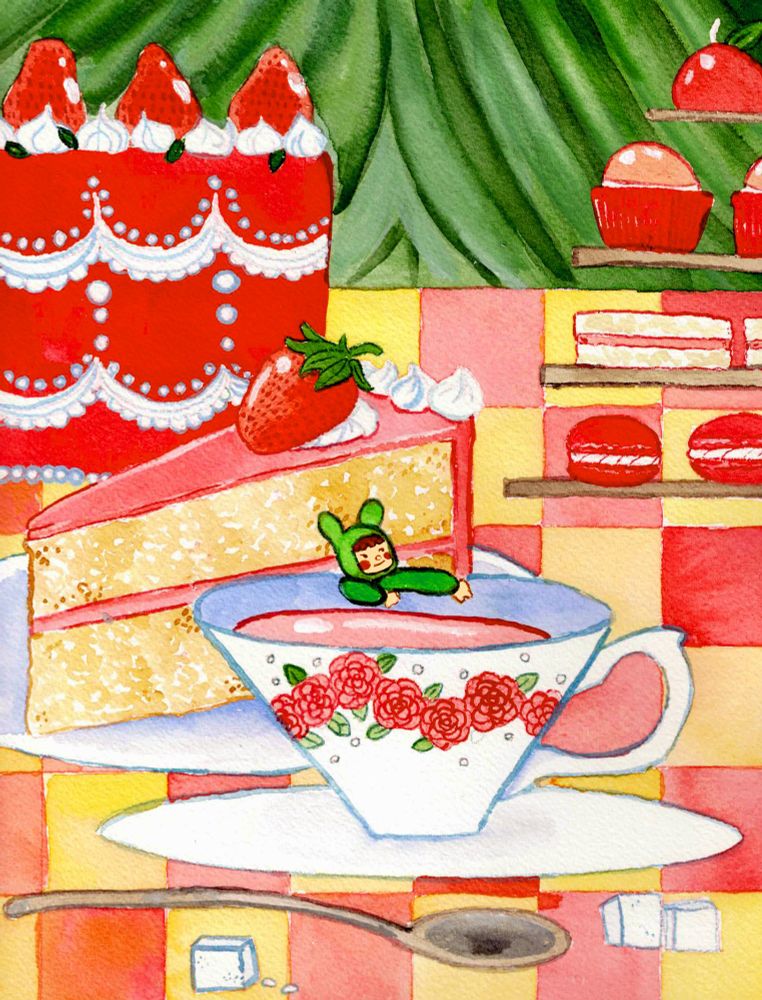 A spread of sweets on a checkered table cloth and a small person leaning on the tea cup that has roses on it