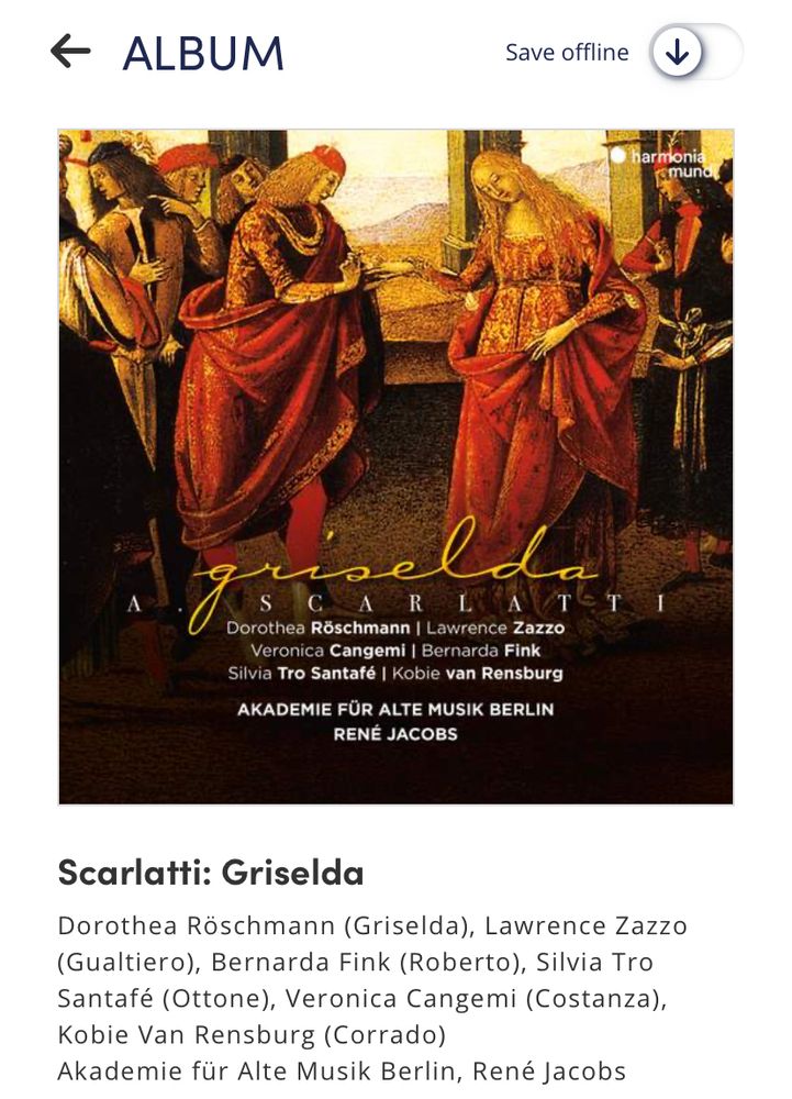Album cover for A. Scarlatti’s opera Griselda. Jacobs conducts the Akademie für Alte Musik Berlin. Cast: Röschmann, Zazzo, Fink, Tro Santafé, Cangemi and Van Rensburg
