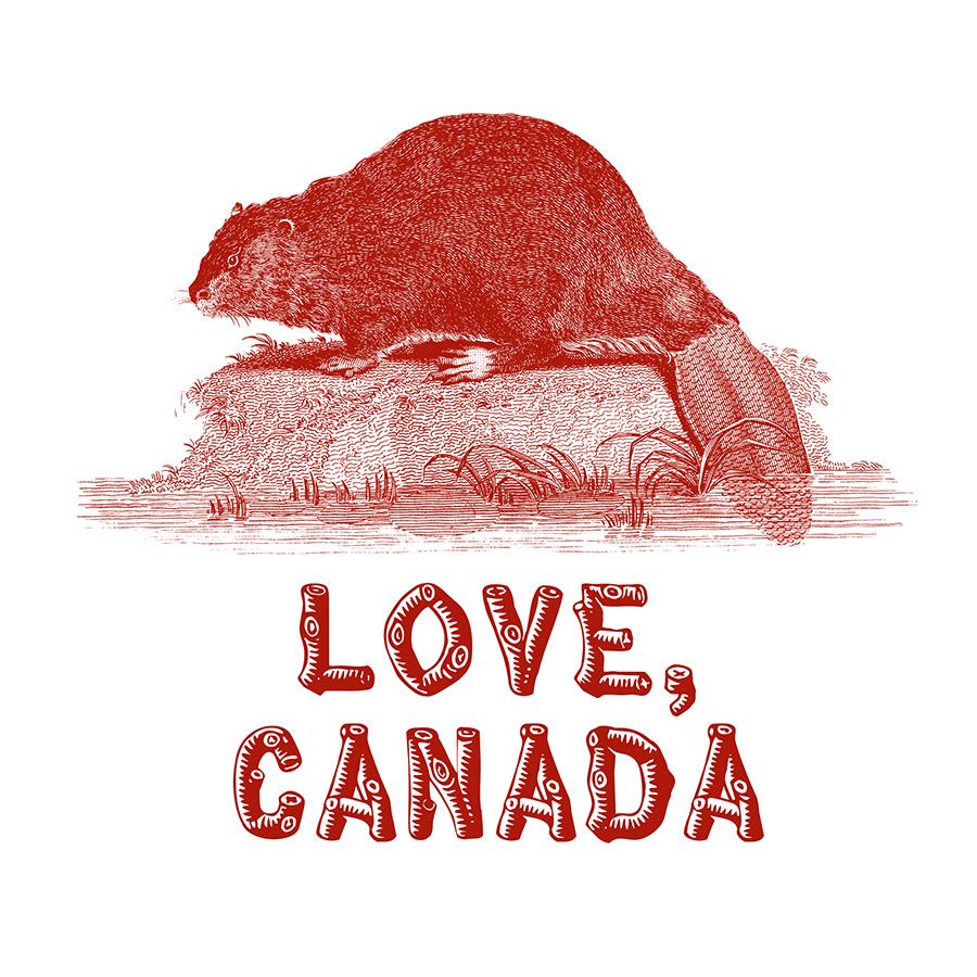 A vintage engraving of a beaver on a grassy hill, with the text Love, Canada in a wood log font underneath
