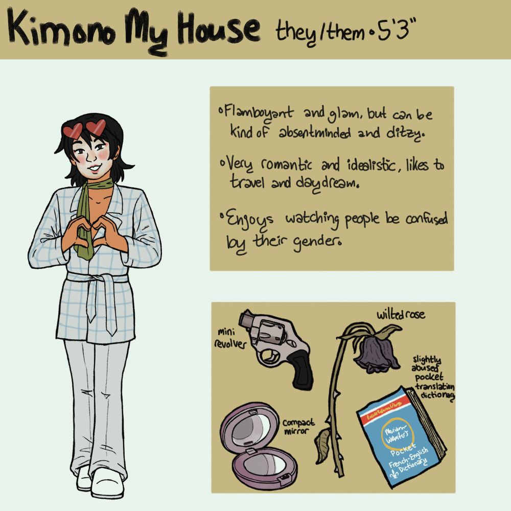 An illustration of an androgynous person wearing a light-colored suit and making a heart shape with their hands. Their accessories include a mini revolver, a wilted rose, a compact mirror, and a "slightly abused" French-English pocket translation dictionary.
