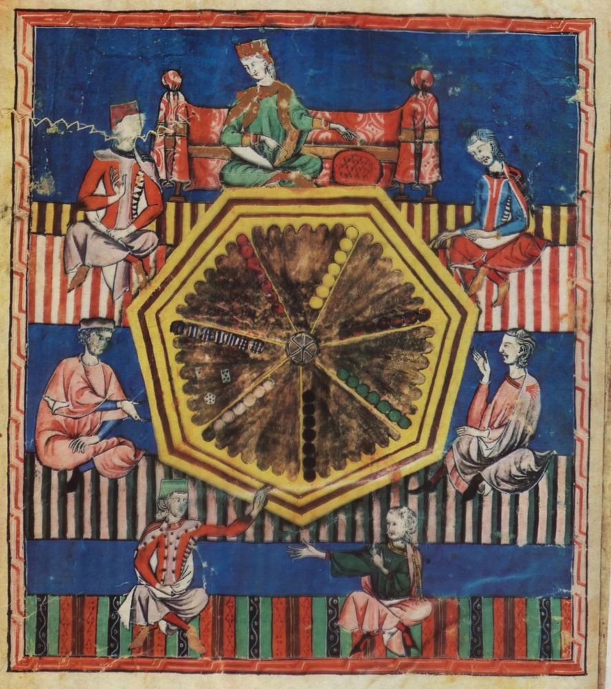 Medieval illustration of a seven-sided board game being played