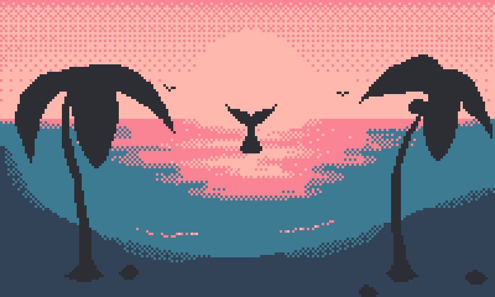 Pixel art with 5 colors showing a sunset at the beach. A whale tail is getting out of the watter in front of the sun with a very high contrast. Coconut trees are on the beach. Some coconuts had fallen. 