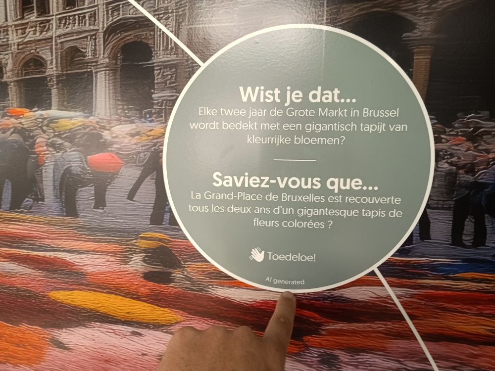 closeup of the description, showing an "Ai Generated" marker... 

Description: "Did you know that every 2 years the Grand Place in Brussels is covered in a Gigantic carpet made of colourful flowers?"

and below that is a waving hand with the branding Toedeloe

and below that is a marker "AI Generated"

they out their branding on it, so I guess they must be proud of this shitty AiSlop?

there are literally thousands of absolutely amazing pictures and even paintings available of this event, this thing is an insult to humanity... And it's contempt for us is clear in how it depicts us vs the ultracrisp 3D generated hyperrealistic yet anime styled bee...