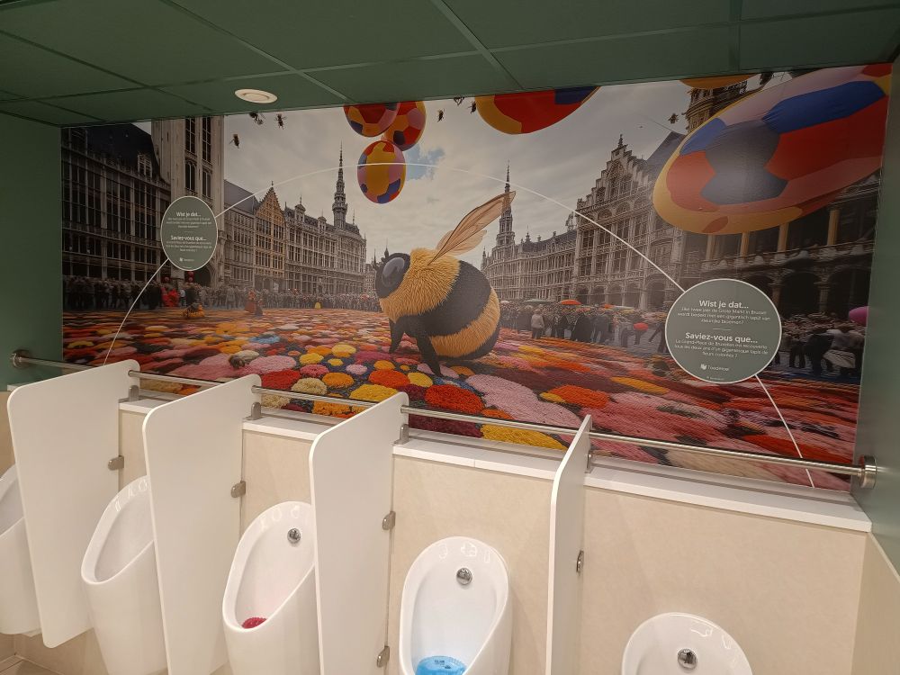 an AI generated "picture" of the true existing event of when they cover the Grand Place in Brussels... (in a public bathroom)

So instead of simply paying one of the thousands of photographers that have amazing pictures for sale of the flower carpet in Brussels, this toilet-company that demands 1.1 euro to go #todeloe (to the loo) went for a nightmarishly bad image generated by what looks to be the worst Image model they could find and took whatever the first prompt shat out...

probably because they loved the supercrisp 3D designed bee, they just went with it,

However, the bee, the "flowercarpet" and the public and buildings are each in a seperate persoective, artstyle and colourscheme. This generates a picture that looks cute at first glance. And clearly that's all they took before printing this and mounting it on a huge wall in the toilet, where we have to stand superclose, and are nose to wall to this abomination.