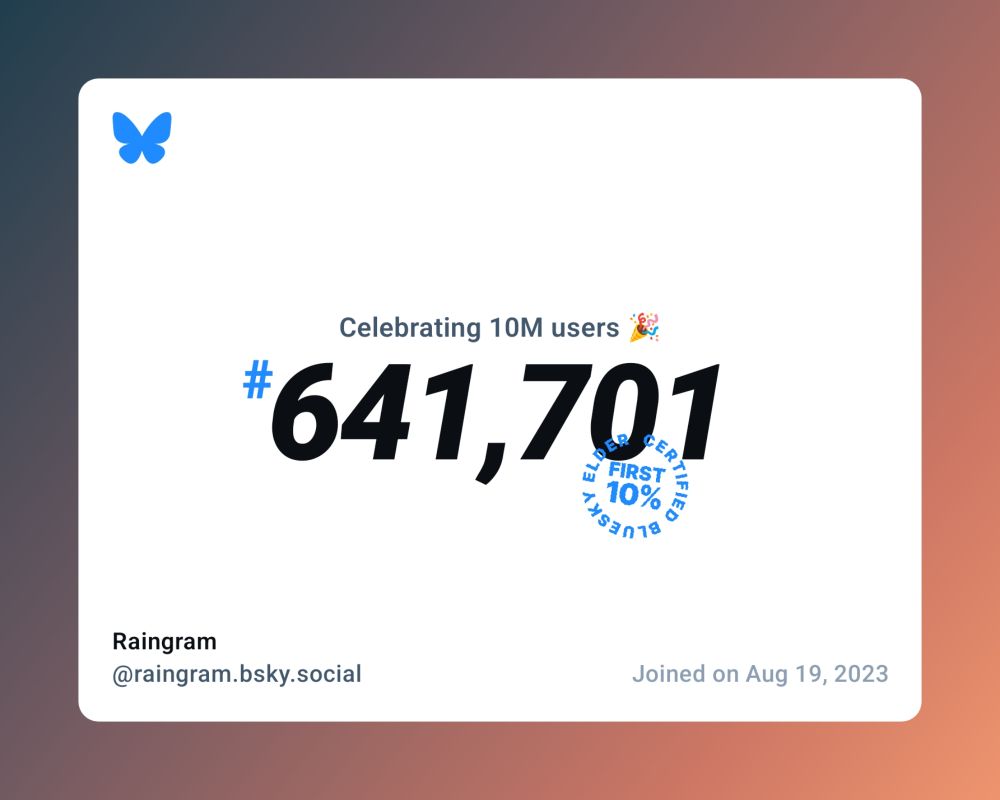 A virtual certificate with text "Celebrating 10M users on Bluesky, #641,701, Raingram ‪@raingram.bsky.social‬, joined on Aug 19, 2023"