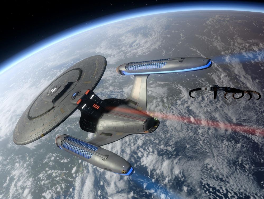 Preparing to leave Earth behind, a Starfleet vessel, viewed from aft (rear) slowly begins to bank toward the camera.