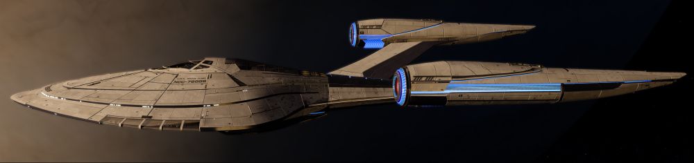 A Protostar-class vessel, with the gas giant Jupiter clearly visible behind