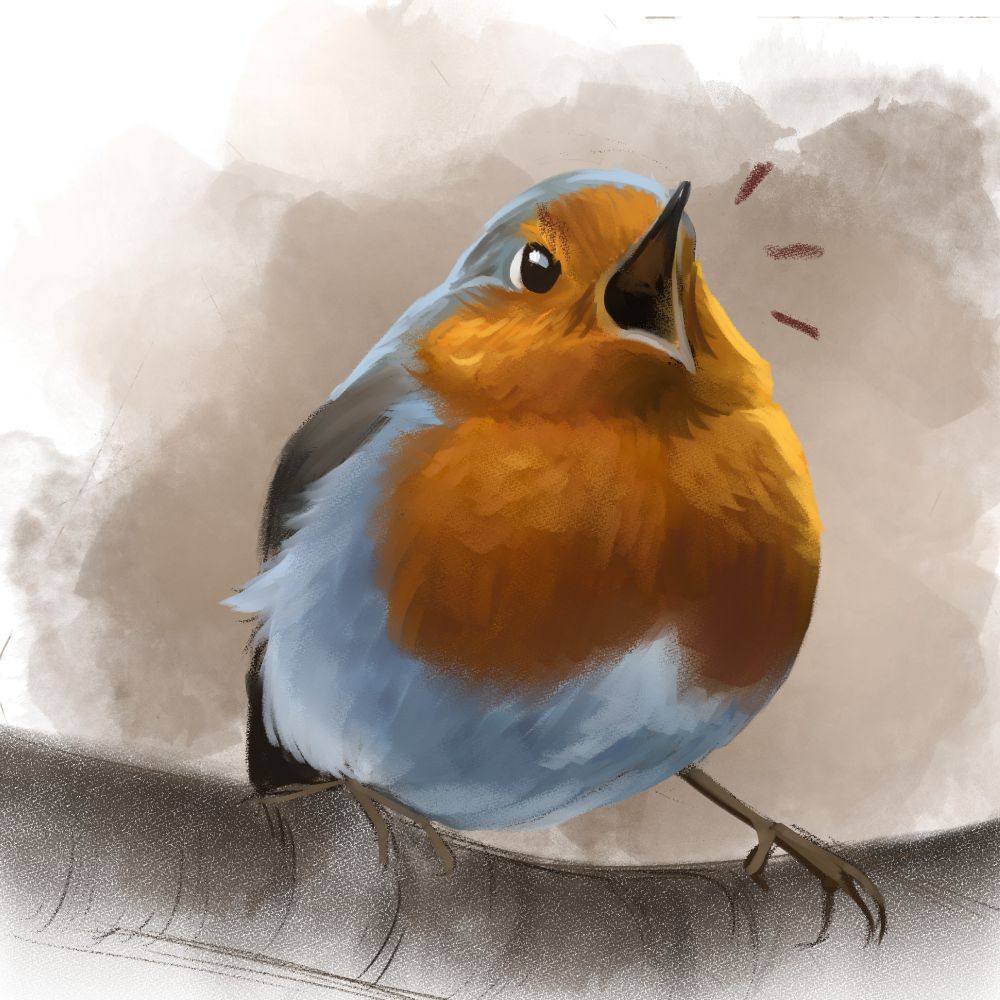 Paintng of a positively furious robin tweeting at the top of its lungs