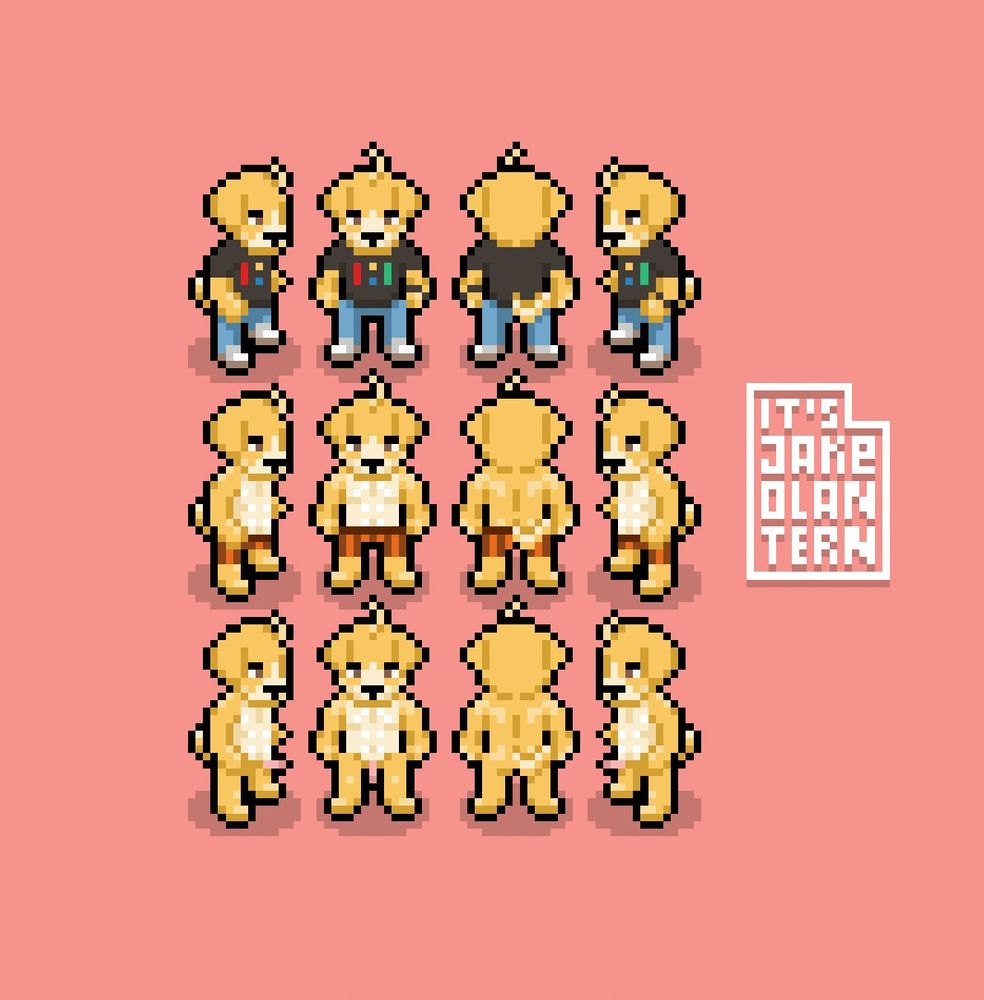 Pixel Art by the artist @itsjakeolantern showing off various NSFW sprites for the Character "Ben" in the WIP game "Party Animal".