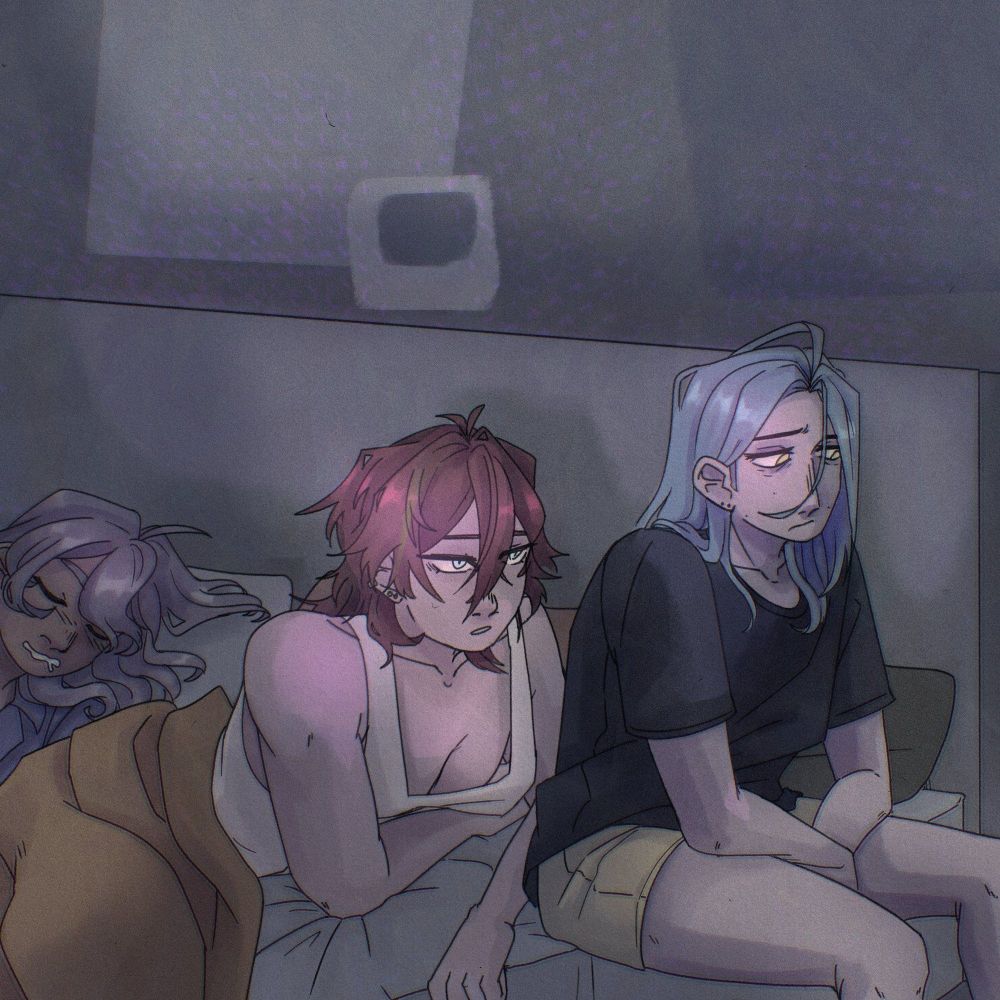 a digital drawing of himeru, rinne amagi and niki shiina in a bed. himeru is sat up on the edge of the bed looking sullen while rinne is leaning over trying to talk to him. niki is fast asleep