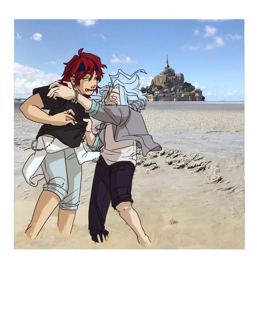 a drawing of himeru and rinne amagi over a photo of the bay of the mont st micheal. himerus left leg is getting sucked into quicksand as he frantically tries to grabs onto rinne. they are both in their summer outfits with their trouser legs rolled up