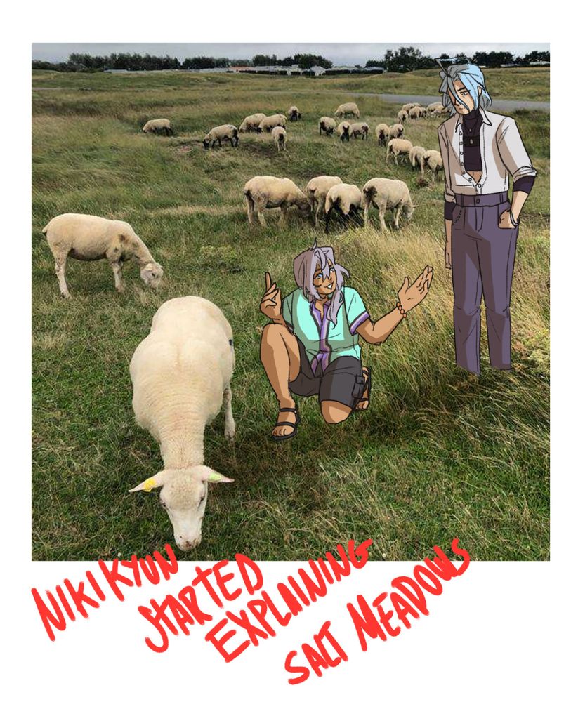 a drawing of niki shiina and himeru over a photo of a sheep filled field.  it is in the format of a polaroid. niki is crounched down next to one in the foreground he is looking up to himeru who is standing to his right and seems to be explaining something. in the lower white section of the polaroid rinne has written in red "niki kyun started explaining salt meadows" in all caps