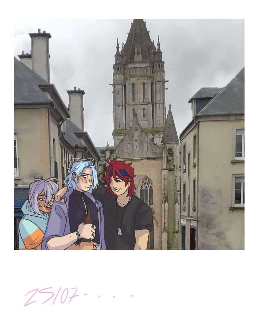 a drawing of niki shiina himeru and rinne amagi over a photo of a road leading to a gothic style church. it is in the format of a polaroid rinne has and arm slung over himerus shoulders whilst niki is holding them from behind while himeru looks flustered holding a bottle of apple cider. the text at the bottom of the polaroid is pink written by kohaku "25/07 - ..."