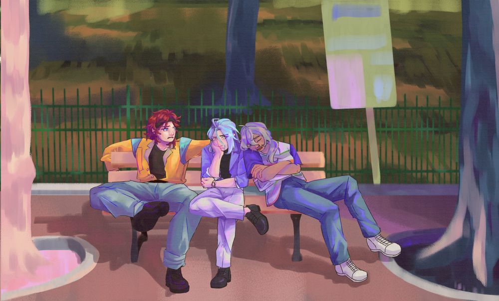a digital sketch of rinne amagi, himeru and niki shiina sat on a bench between two trees, behind them is a parc and a bus sign. rinne looks annoyed while niki naps on himeru's shoulder
