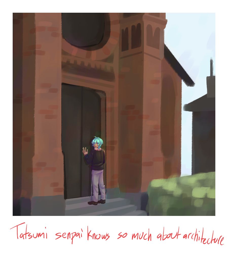 a digital drawing of tatsumi kazehaya in from of a red brick church in the from of a polaroid below which in red is written "Tatsumi senpai knows so much about architecture"