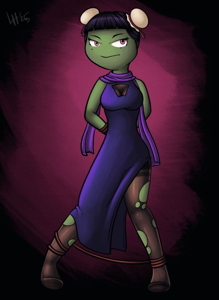 Karen, hands tied behind her back, in a torn dress.
