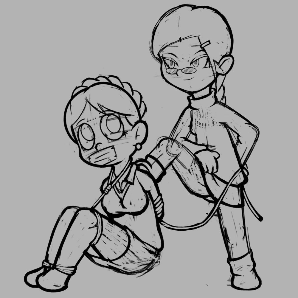 Mona tied up on the floor with Edith standing behind her, planting a foot on her back