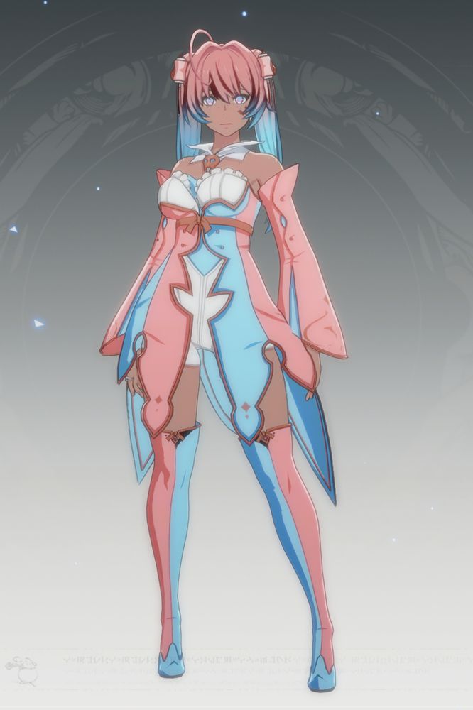 My Blue Protocol character with an entirely pink, baby blue and white color scheme, trans pride!
