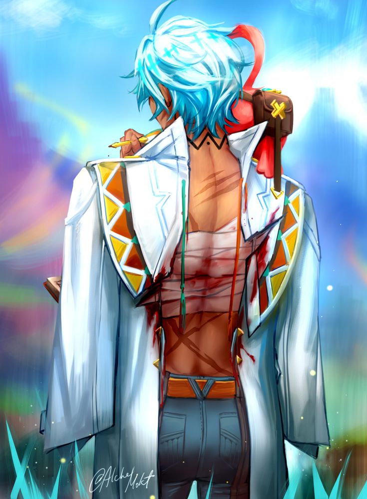 Ifa with his torso bandaged and the back of his jacket open