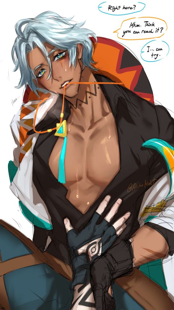Ifa guiding Ororon's hand to his navel. Ororon asks "Right here?" to which Ifa says "Mhm. Think you can reach it?" and Ororon says that he can try.