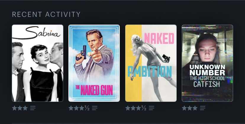 My last four watched movies on Letterboxd: Sabrina (3 stars), The Naked Gun [2025] (3.5 stars), Naked Ambition (3.5 stars), and Unknown Number: The Highschool Catfish (3 stars)